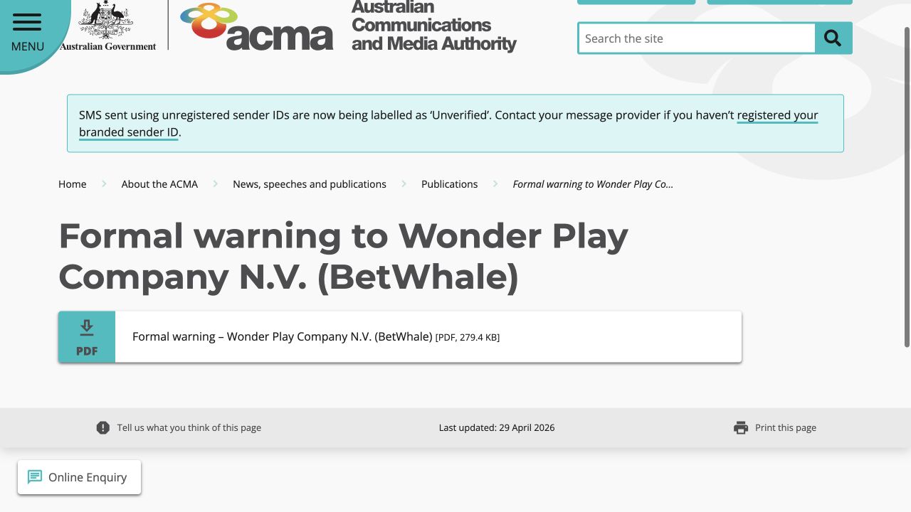 Official source record for BetWhale / Wonder Play Company N.V., captured on 10 August 2026