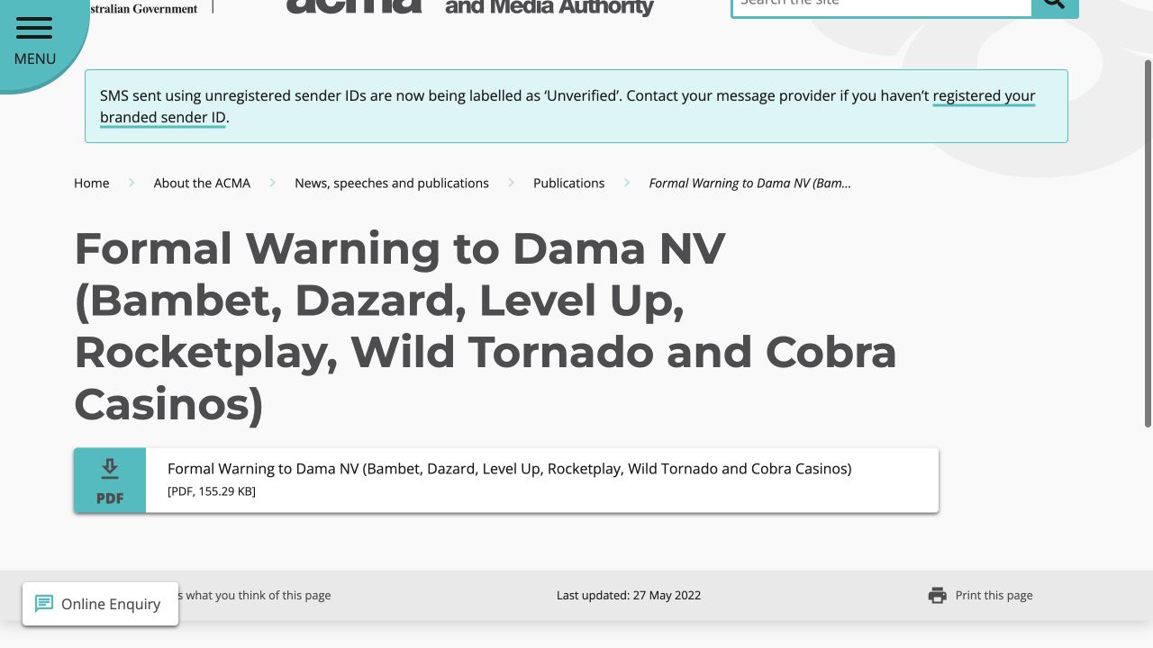 Official source record for Dama N.V. six-casino ACMA formal warning, captured on 10 August 2026