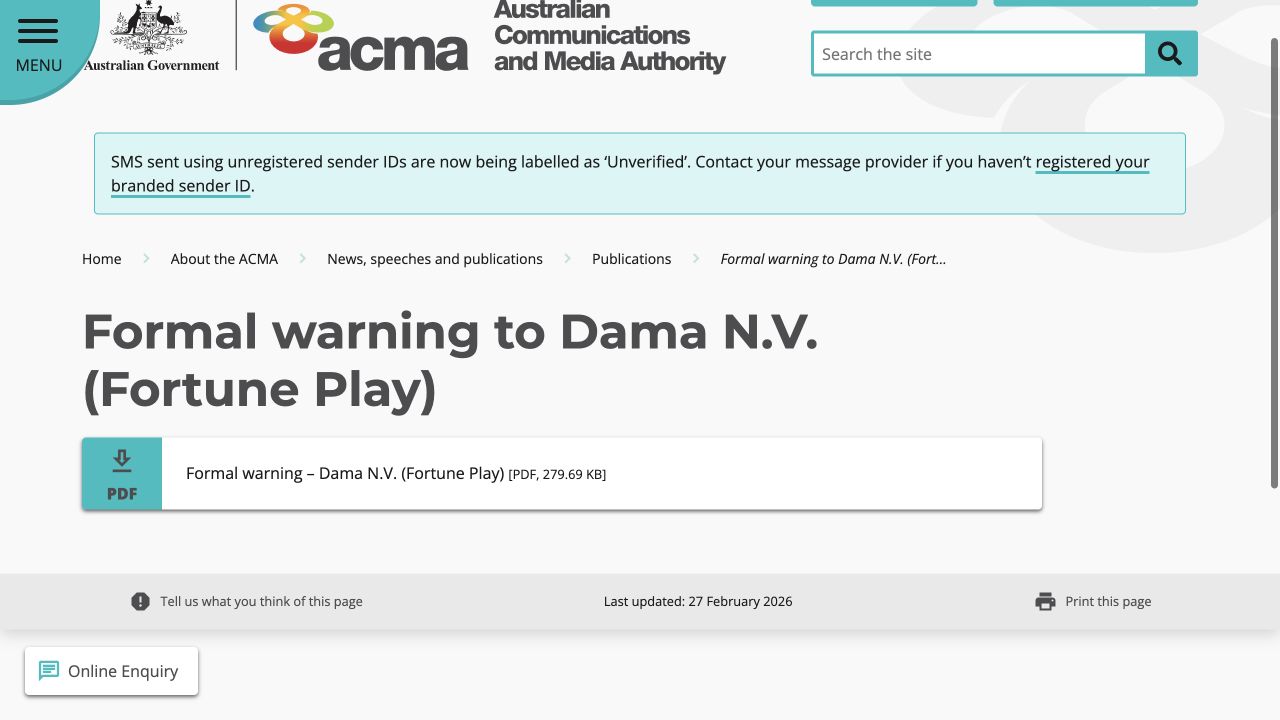 Official source record for Fortune Play / Dama N.V., captured on 10 August 2026