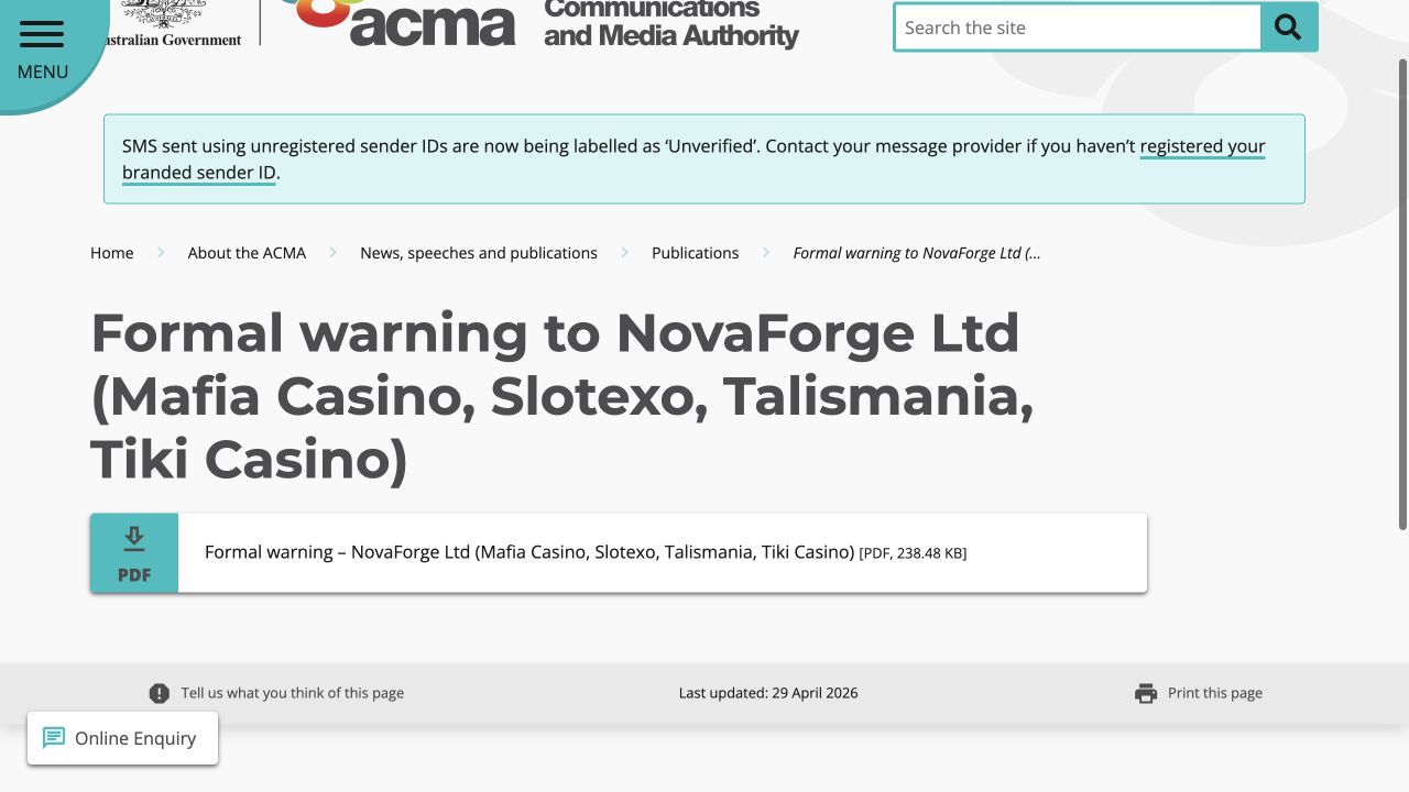 Official source record for Mafia Casino ACMA 2026 record, captured on 10 August 2026