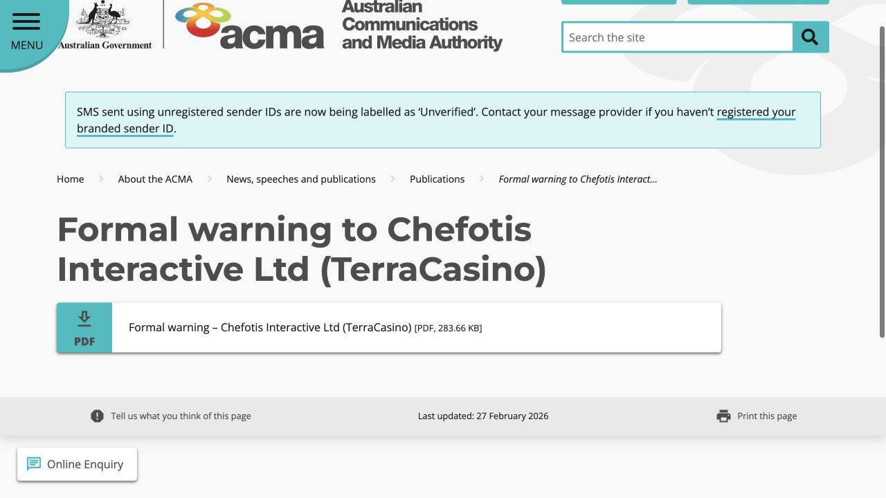 Official source record for TerraCasino / Chefotis Interactive Ltd., captured on 10 August 2026