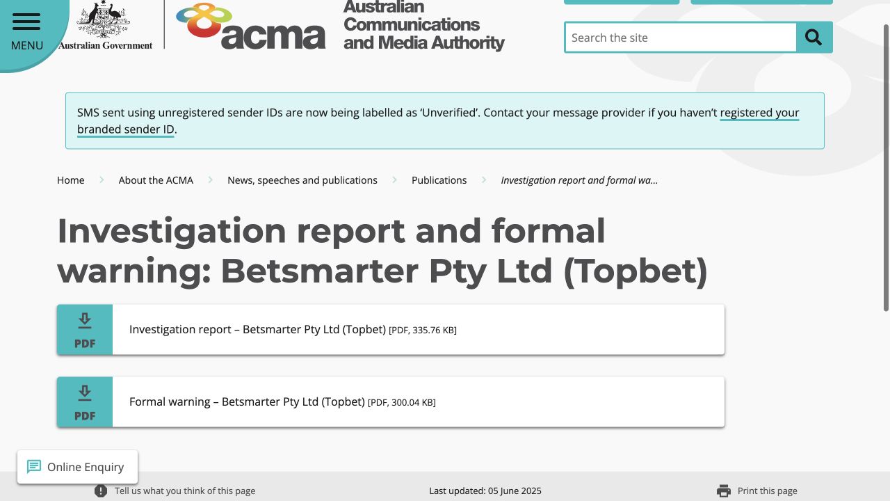 Official source record for Topbet BetStop ACMA record, captured on 10 August 2026